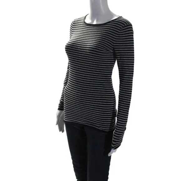 Minnie Rose Womens Cotton Long Sleeve Striped T shirt Gray Black Size XS - Picture 2 of 6